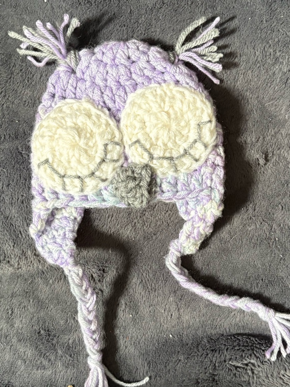 Kids Crochet Owl Earflap Hat - Lavender and Cream